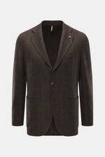 Santaniello Sakko dunkelbraun/dunkelgrün kariert, Slim Fit, tailliert, reine Wolle, Karo-Muster, fallendes Revers, Brust- und Hüfttaschen, frontal fotografiert.