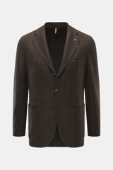 Santaniello Sakko dunkelbraun/dunkelgrün kariert, Slim Fit, tailliert, reine Wolle, Karo-Muster, fallendes Revers, Brust- und Hüfttaschen, frontal fotografiert.
