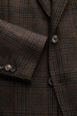 Santaniello Sakko dunkelbraun/dunkelgrün kariert, Detailaufnahme von Revers, Knöpfen, weiche Wolle, Slim Fit, Karo-Muster, Drei-Knopf-Stil.