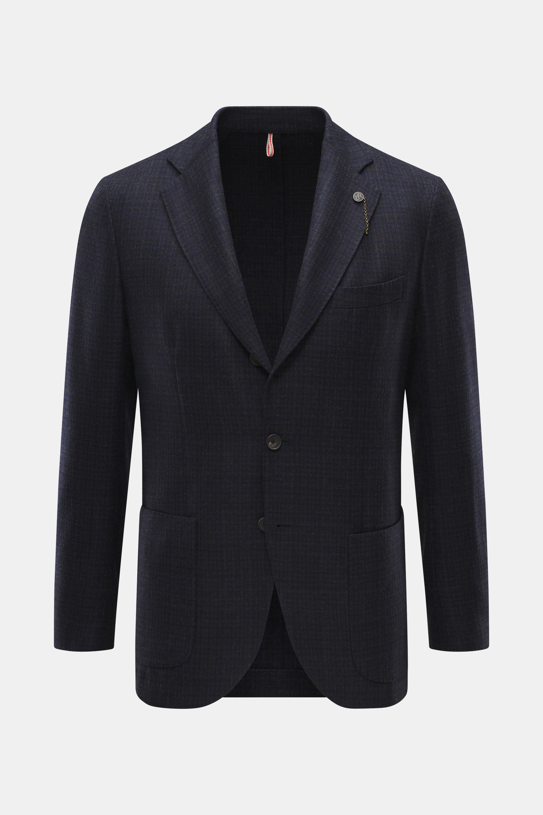 Santaniello Sakko navy/dunkelbraun kariert, frontale Ansicht, tailliert, Slim Fit, reine Wolle mit Karo-Webmuster, drei Knöpfe, Brusttasche, Hüfttaschen, fallendes Revers.