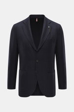 Santaniello Blazer navy/dark brown checked shown from the front, pure wool slim fit with a subtle check woven pattern, soft touch, tailored three-button style, notched lapel, classic breast pocket, patch hip pockets, kissing buttons, rear side vents, unco