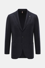 Santaniello Blazer navy/dark brown checked shown from the front, pure wool slim fit with a subtle check woven pattern, soft touch, tailored three-button style, notched lapel, classic breast pocket, patch hip pockets, kissing buttons, rear side vents, unco