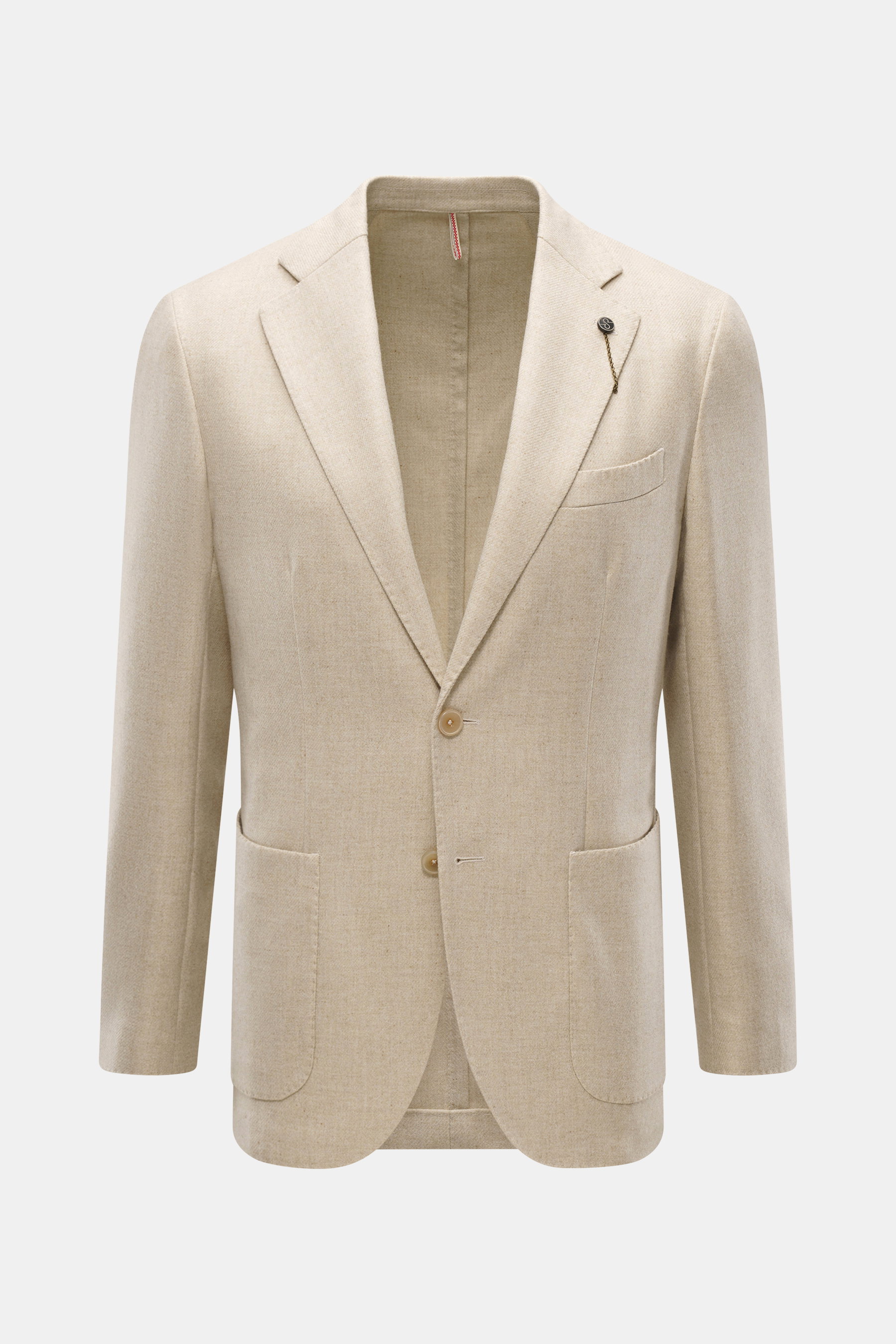 Santaniello Sakko sand meliert, frontale Nahaufnahme, Slim Fit Sakko aus reiner Wolle mit weichem Griff, tailliert, zwei Knöpfe, fallendes Revers, Brusttasche, Hüfttaschen, Kissing Buttons, Seitenschlitze, Unconstructed Design, zwei Innentaschen.