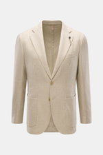 Santaniello Sakko sand meliert, frontale Nahaufnahme, Slim Fit Sakko aus reiner Wolle mit weichem Griff, tailliert, zwei Knöpfe, fallendes Revers, Brusttasche, Hüfttaschen, Kissing Buttons, Seitenschlitze, Unconstructed Design, zwei Innentaschen.