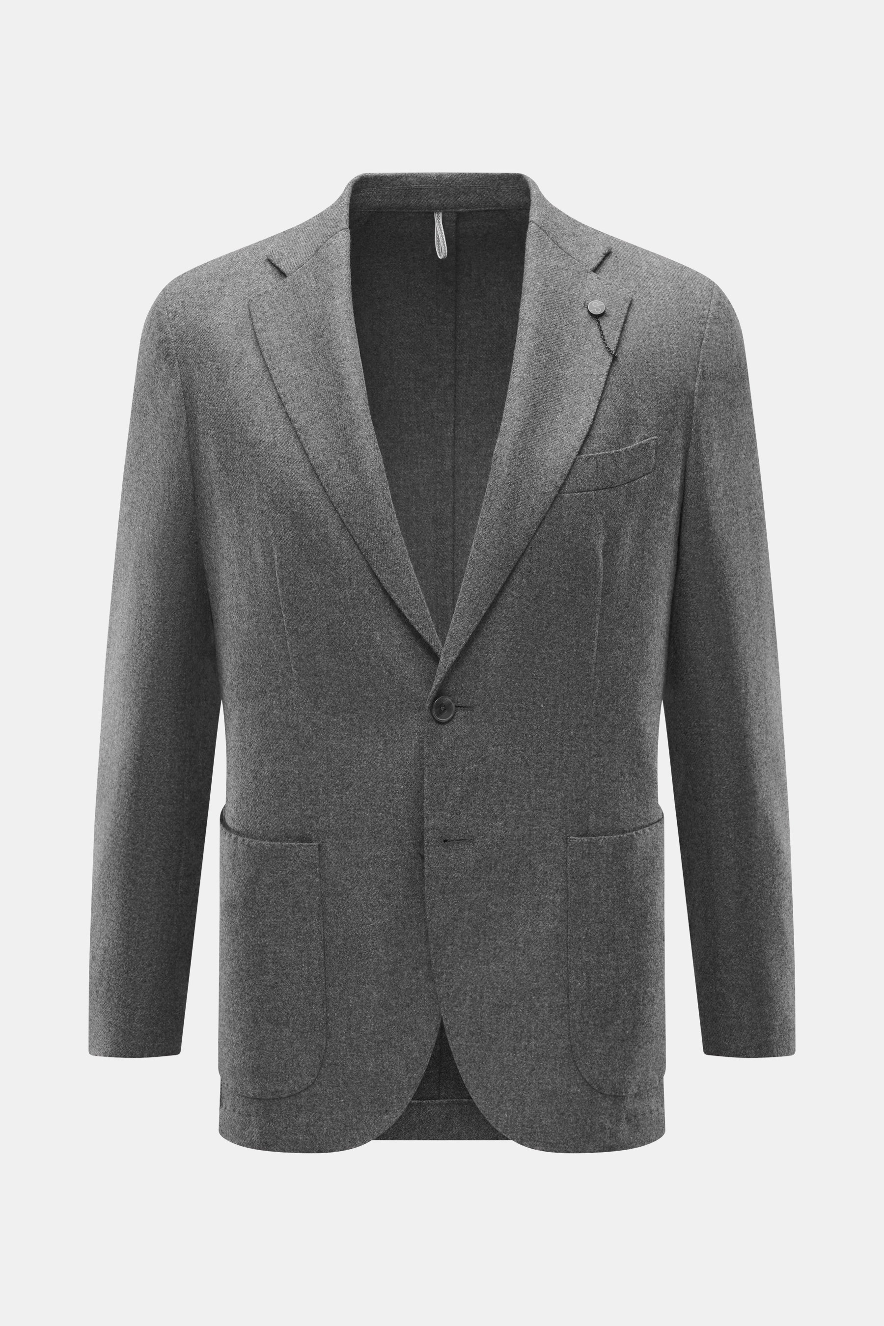 Santaniello Blazer grey melange front view, pure wool slim fit with soft touch, two-button, notched lapel, breast pocket, patch hip pockets, kissing buttons, rear vents, unconstructed design, two inner pockets. Always well dressed: This noble blazer from 