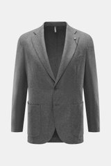 Santaniello Blazer grey melange front view, pure wool slim fit with soft touch, two-button, notched lapel, breast pocket, patch hip pockets, kissing buttons, rear vents, unconstructed design, two inner pockets. Always well dressed: This noble blazer from 