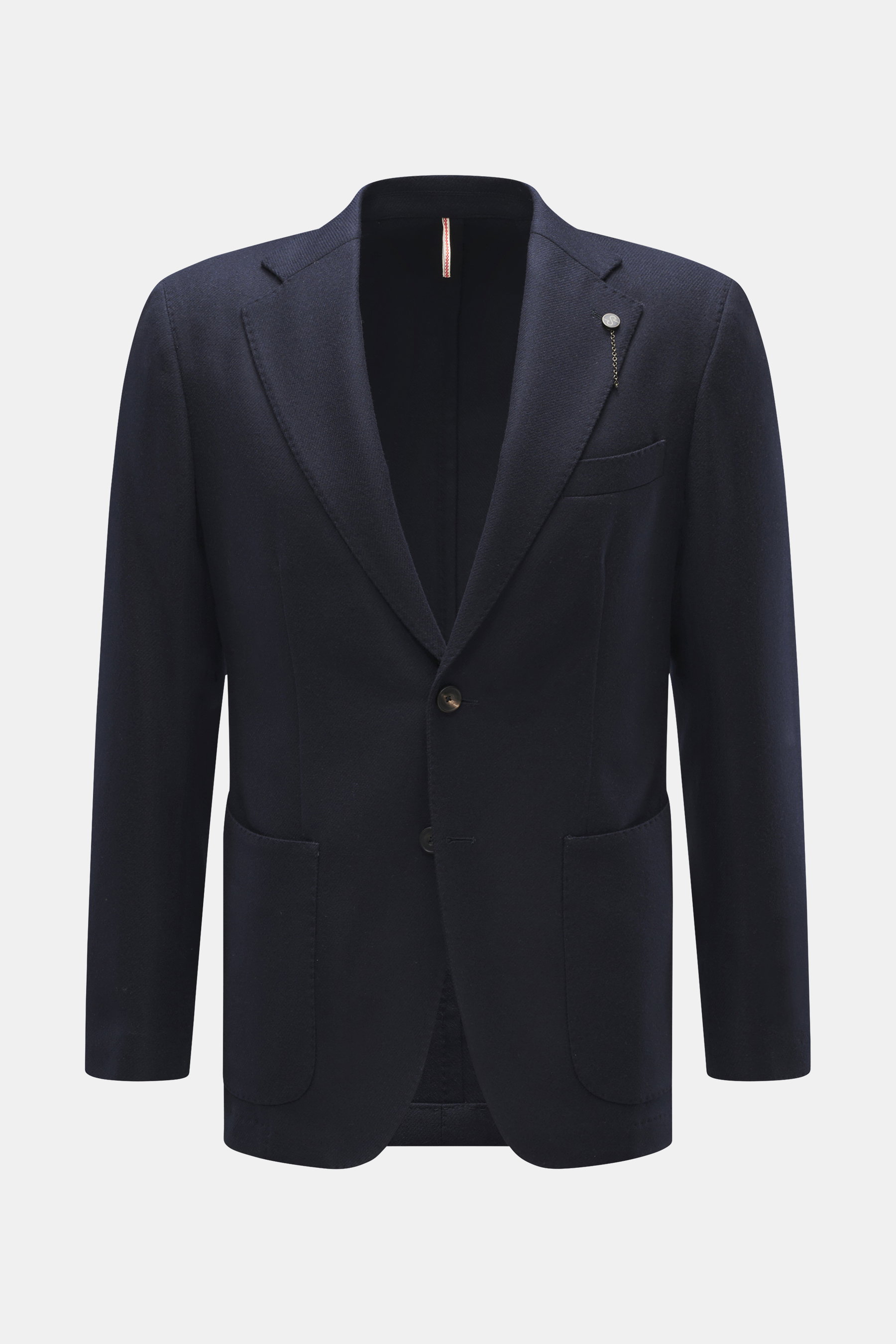 Front view of Santaniello Blazer navy in pure wool with soft touch, slim fit, tailored two-button style, notched lapel with label pin, classic breast pocket, patch hip pockets, kissing buttons, rear side vents, unconstructed design, and two inner pockets.