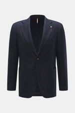 Front view of Santaniello Blazer navy in pure wool with soft touch, slim fit, tailored two-button style, notched lapel with label pin, classic breast pocket, patch hip pockets, kissing buttons, rear side vents, unconstructed design, and two inner pockets.