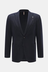 Front view of Santaniello Blazer navy in pure wool with soft touch, slim fit, tailored two-button style, notched lapel with label pin, classic breast pocket, patch hip pockets, kissing buttons, rear side vents, unconstructed design, and two inner pockets.