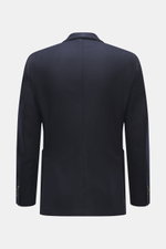 Santaniello Blazer navy shown from the back, pure wool, soft touch, slim fit, tailored two-button style, notched lapel with label pin, classic breast pocket, patch hip pockets, kissing buttons, rear side vents, unconstructed design, two inner pockets.