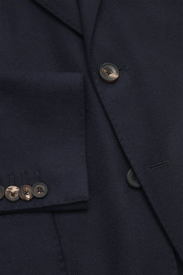 Close-up front angle of the Santaniello Blazer navy showing pure wool fabric, soft touch, slim fit, tailored two-button style, notched lapel with label pin, classic breast pocket, patch hip pockets, kissing buttons, rear side vents, unconstructed design, 