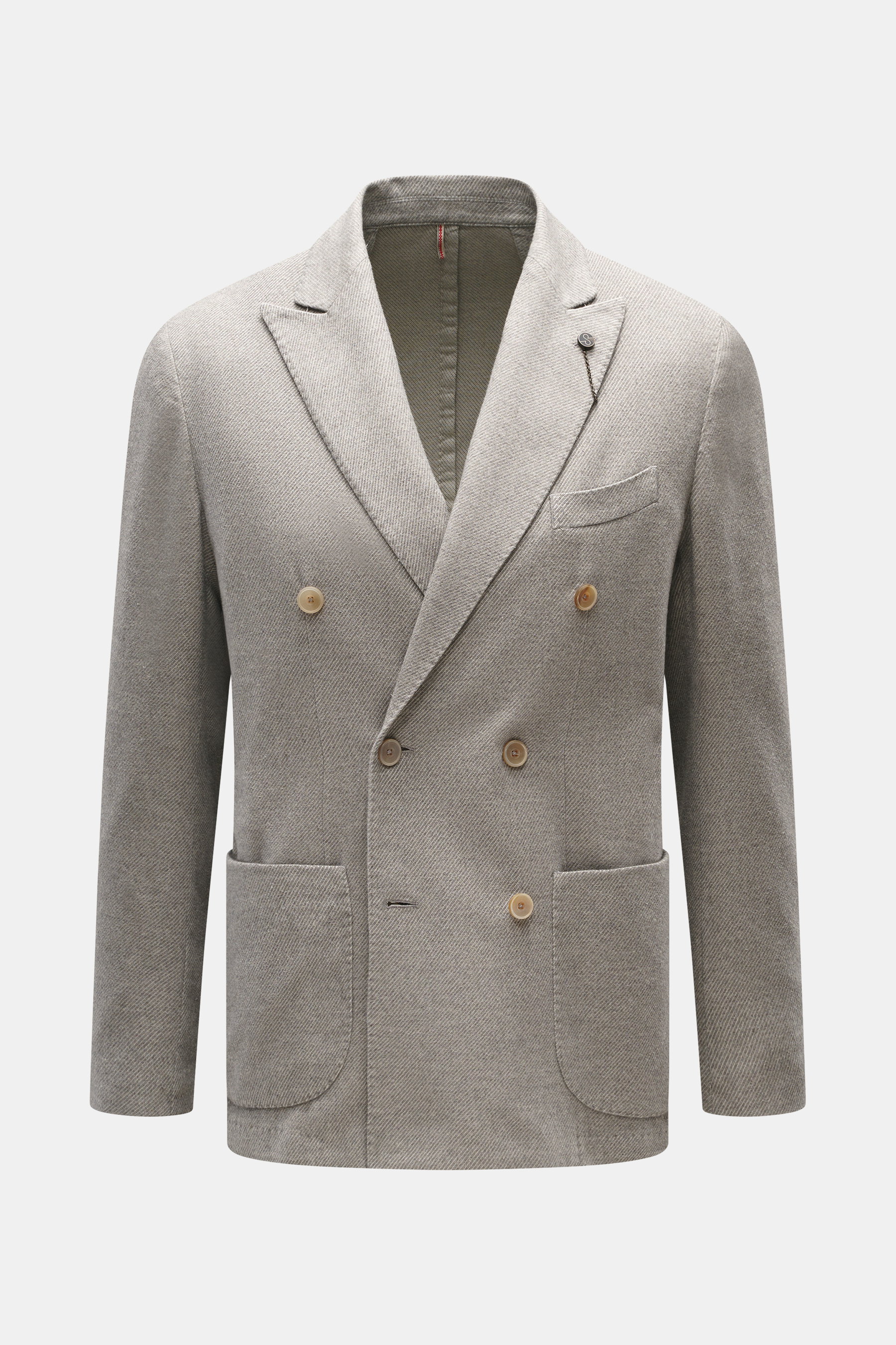 Santaniello Blazer grey/offwhite striped shown from the front, double-breasted slim fit with peak lapel, breast and patch hip pockets, and unconstructed design. Classically elegant into the new season: This double-breasted blazer by SANTANIELLO made of fi