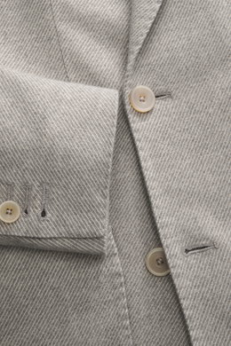 Santaniello Blazer grey/offwhite striped close-up from front top showing fine wool fabric, buttons, peak lapel, and sleeve cuff details. Classically elegant into the new season: This double-breasted blazer by SANTANIELLO made of fine wool with cashmere is