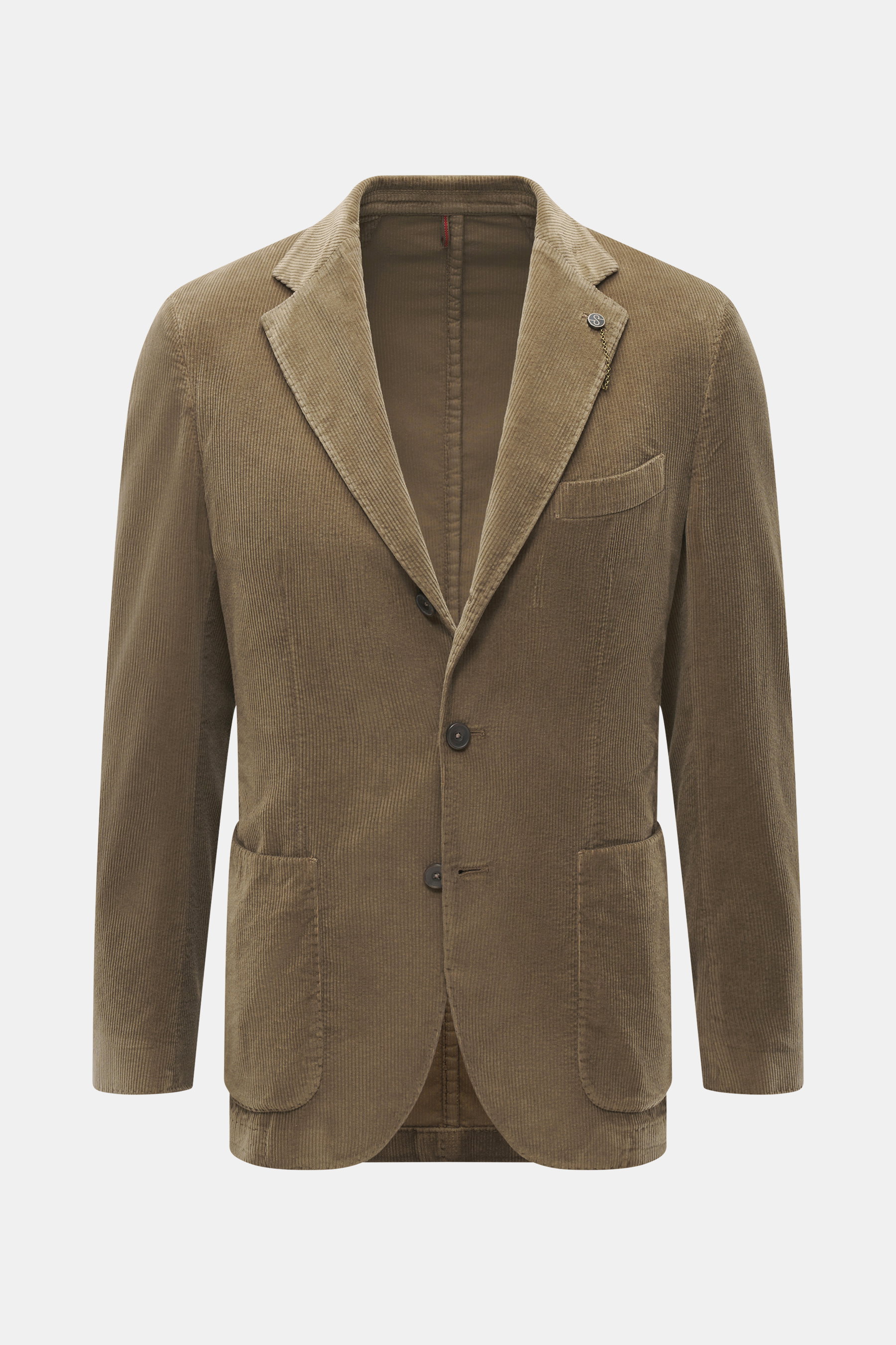 Santaniello Cord-Sakko khaki, frontal fotografiert, Slim Fit, weicher Cord aus Baumwolle mit Cashmere, taillierter Drei-Knopf-Stil, Brust- und Hüfttaschen.