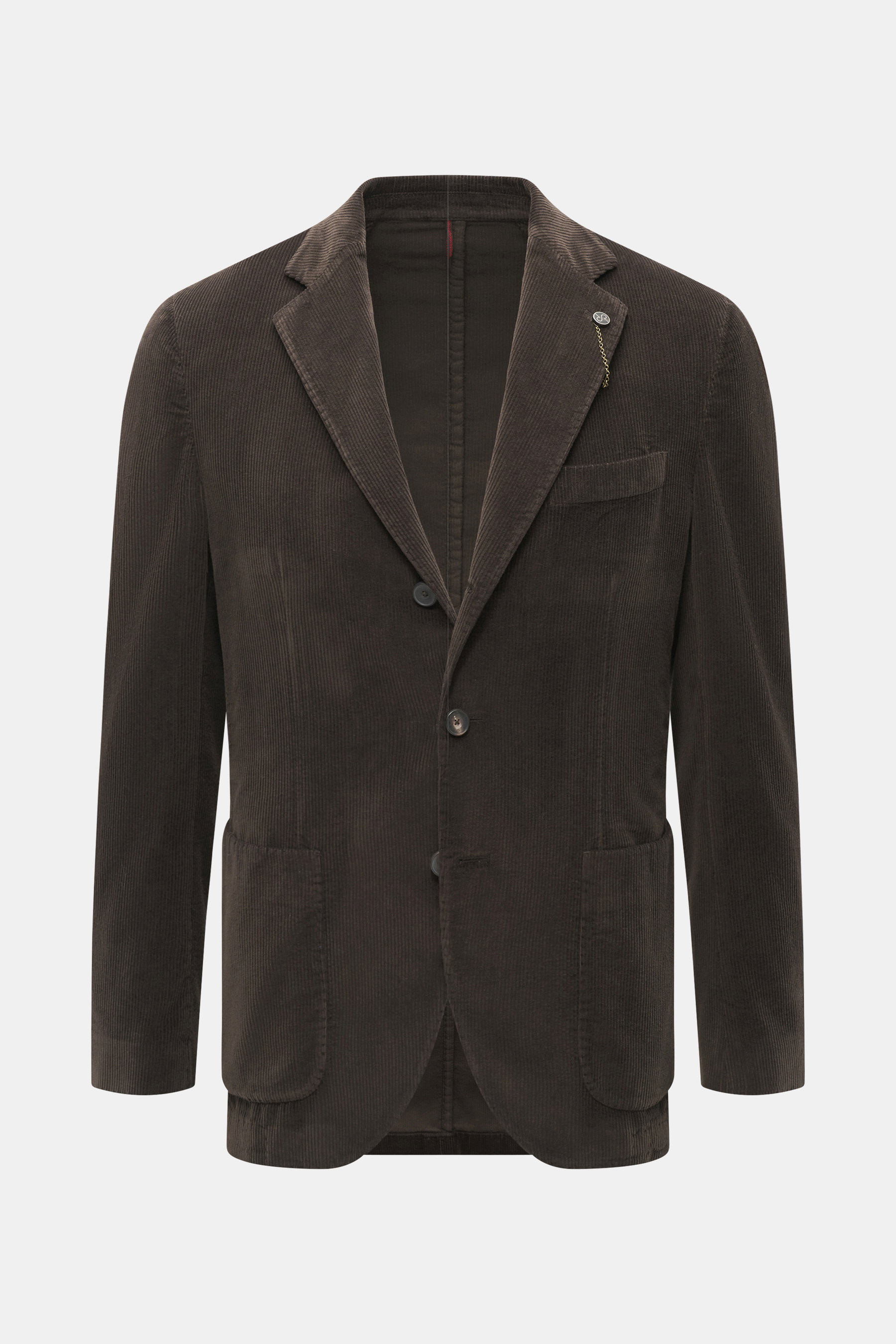 Santaniello Cord Blazer dark brown front view in soft cotton and cashmere corduroy, slim fit with notched lapel, breast pocket, patch hip pockets, and three-button style. Always well dressed: This cord blazer by SANTANIELLO made of soft cotton with cashme