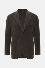 Santaniello Cord Blazer dark brown front view in soft cotton and cashmere corduroy, slim fit with notched lapel, breast pocket, patch hip pockets, and three-button style. Always well dressed: This cord blazer by SANTANIELLO made of soft cotton with cashme