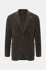 Santaniello Cord Blazer dark brown front view in soft cotton and cashmere corduroy, slim fit with notched lapel, breast pocket, patch hip pockets, and three-button style. Always well dressed: This cord blazer by SANTANIELLO made of soft cotton with cashme