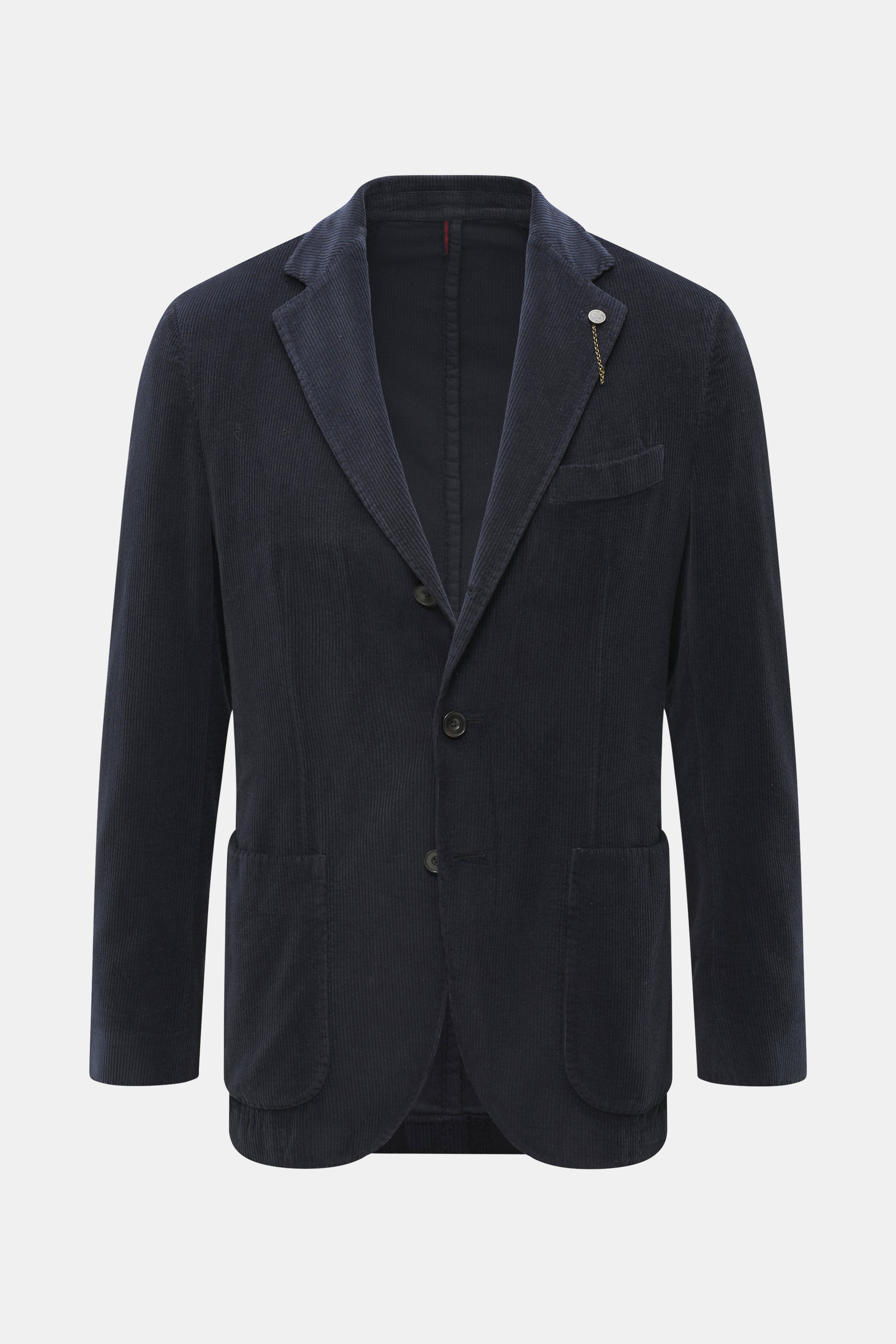 Santaniello Cord Blazer navy front view, slim fit soft cotton and cashmere corduroy with notched lapel, three buttons, breast pocket, patch hip pockets.  
<p>Always well dressed: This cord blazer by SANTANIELLO made of soft cotton with cashmere reliably a