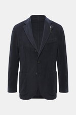 Santaniello Cord Blazer navy front view, slim fit soft cotton and cashmere corduroy with notched lapel, three buttons, breast pocket, patch hip pockets.  
<p>Always well dressed: This cord blazer by SANTANIELLO made of soft cotton with cashmere reliably a