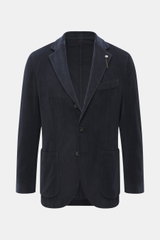 Santaniello Cord Blazer navy front view, slim fit soft cotton and cashmere corduroy with notched lapel, three buttons, breast pocket, patch hip pockets.  
<p>Always well dressed: This cord blazer by SANTANIELLO made of soft cotton with cashmere reliably a
