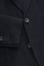 Close-up front view of the Santaniello Cord Blazer navy in soft cotton-cashmere corduroy featuring slim fit, notched lapel, three-button style, and patch pockets.