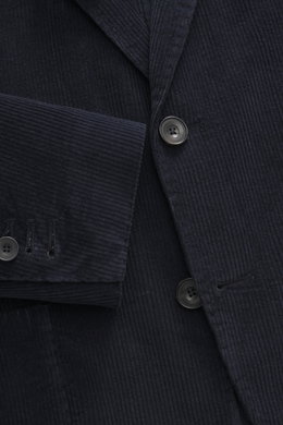 Close-up front view of the Santaniello Cord Blazer navy in soft cotton-cashmere corduroy featuring slim fit, notched lapel, three-button style, and patch pockets.