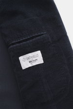 Close-up front view of the Santaniello Cord Blazer navy showing soft corduroy texture, interior pocket, and brand label.