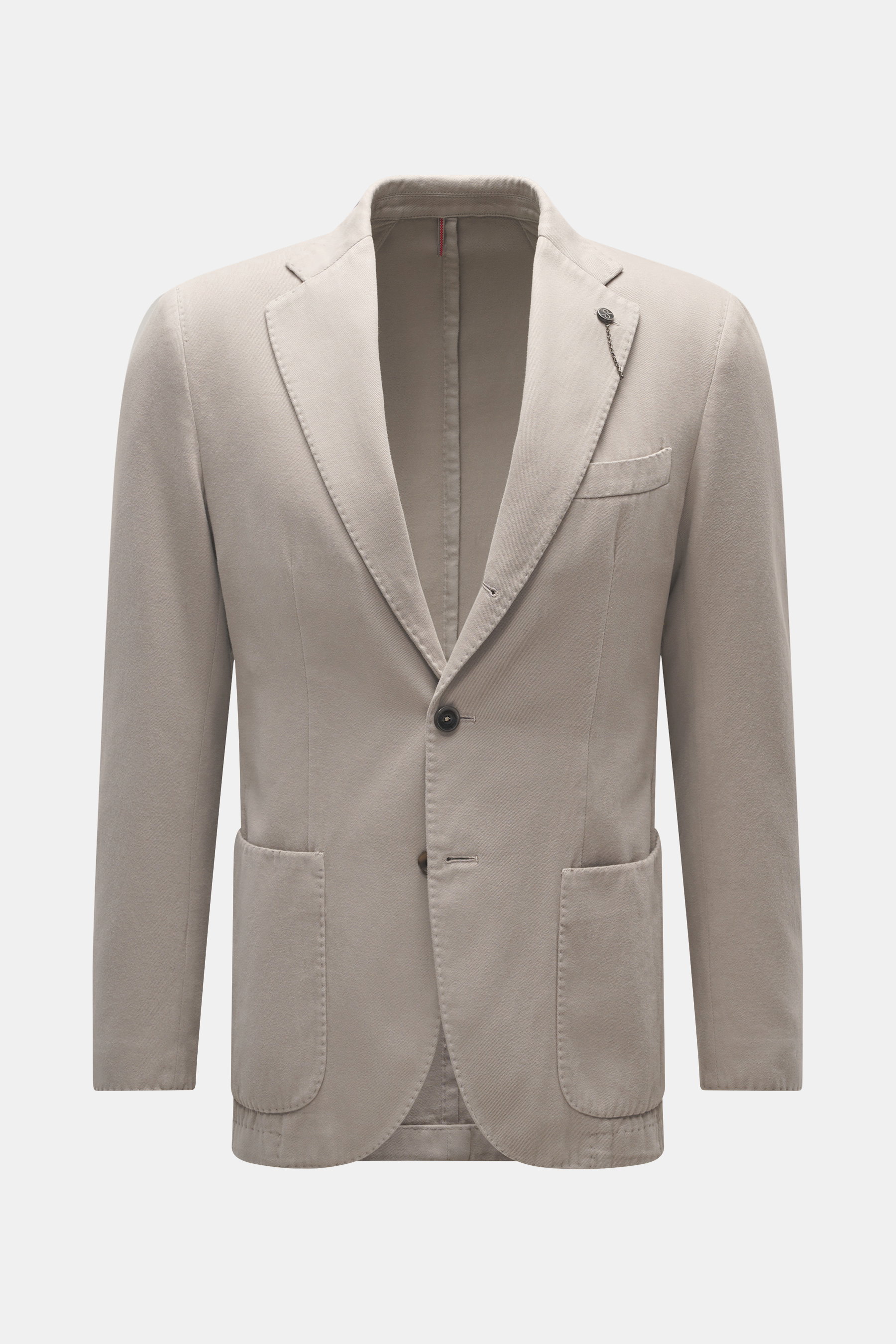 Santaniello Taupe Blazer front view, slim fit cotton twill blazer with notched lapel, label pin, classic breast pocket, patch hip pockets, three buttons.