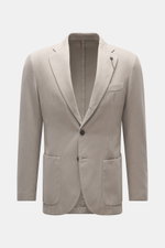 Santaniello Taupe Blazer front view, slim fit cotton twill blazer with notched lapel, label pin, classic breast pocket, patch hip pockets, three buttons.
