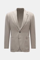Santaniello Taupe Blazer front view, slim fit cotton twill blazer with notched lapel, label pin, classic breast pocket, patch hip pockets, three buttons.