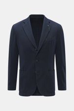 Santaniello Sakko navy, frontale Nahaufnahme, modernes Tailoring, Slim Fit, Baumwoll-Twill, drei Knöpfe, fallendes Revers mit Label-Pin, Brust- und Hüfttaschen, Kissing Buttons, Seitenschlitze, Unconstructed Design, drei Innentaschen, weich und leicht ela