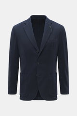 Santaniello Sakko navy, frontale Nahaufnahme, modernes Tailoring, Slim Fit, Baumwoll-Twill, drei Knöpfe, fallendes Revers mit Label-Pin, Brust- und Hüfttaschen, Kissing Buttons, Seitenschlitze, Unconstructed Design, drei Innentaschen, weich und leicht ela