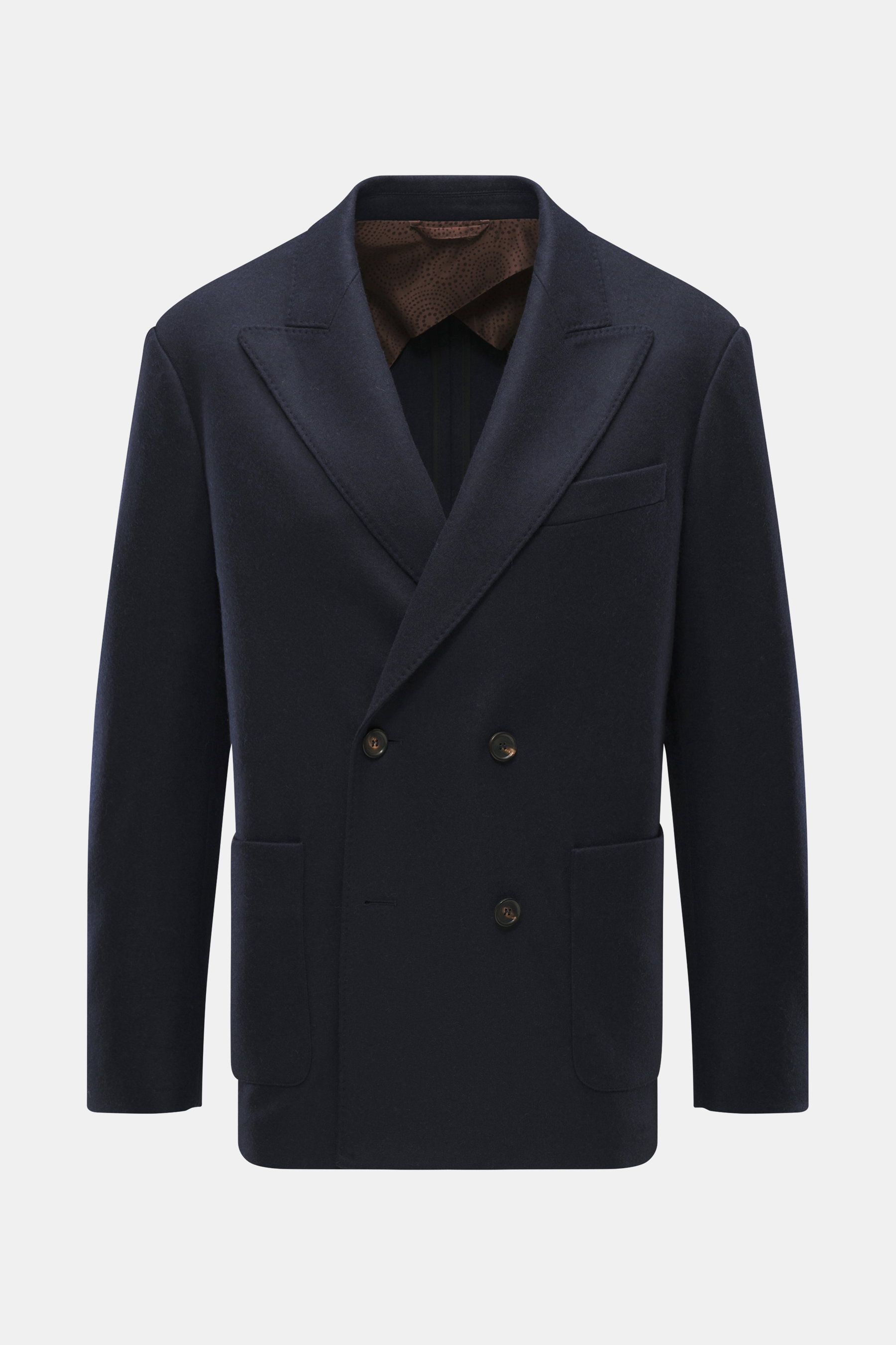Front view of Doppiaa Blazer 'Aanversa' navy, slim fit, double-breasted two-button style, jersey made of wool and cashmere, notch lapel, classic breast pocket, patch hip pockets, sleeve cuffs with button, rear side vents, half lined, two inner pockets.