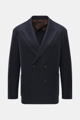 Front view of Doppiaa Blazer 'Aanversa' navy, slim fit, double-breasted two-button style, jersey made of wool and cashmere, notch lapel, classic breast pocket, patch hip pockets, sleeve cuffs with button, rear side vents, half lined, two inner pockets.
