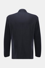 Doppiaa Blazer 'Aanversa' navy shown from back, slim fit jersey made of wool and cashmere, double-breasted two-button style, notch lapel, classic breast pocket, patch hip pockets, sleeve cuffs with button, rear side vents, half lined, two inner pockets.