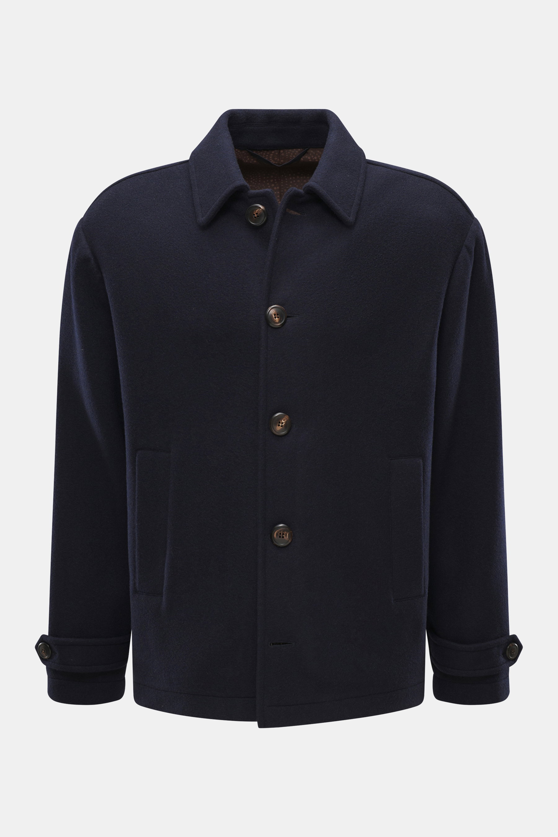 Front view of Doppiaa Jacket 'Aarneis' navy in doubleface jersey made of cashmere, virgin wool, microfiber, regular fit, soft feel, five-button placket, turn-down collar, slanted welt pockets, sleeve cuffs with button tab, half lined, two inside pockets.