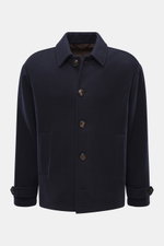 Front view of Doppiaa Jacket 'Aarneis' navy in doubleface jersey made of cashmere, virgin wool, microfiber, regular fit, soft feel, five-button placket, turn-down collar, slanted welt pockets, sleeve cuffs with button tab, half lined, two inside pockets.