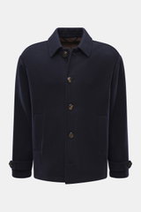 Front view of Doppiaa Jacket 'Aarneis' navy in doubleface jersey made of cashmere, virgin wool, microfiber, regular fit, soft feel, five-button placket, turn-down collar, slanted welt pockets, sleeve cuffs with button tab, half lined, two inside pockets.