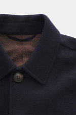 Close-up front view of Doppiaa Jacket 'Aarneis' navy, doubleface jersey of cashmere, virgin wool, microfiber, soft feel, regular fit, five-button placket, turn-down collar, slanted welt pockets, sleeve cuffs with button tab, half lined, two inside pockets