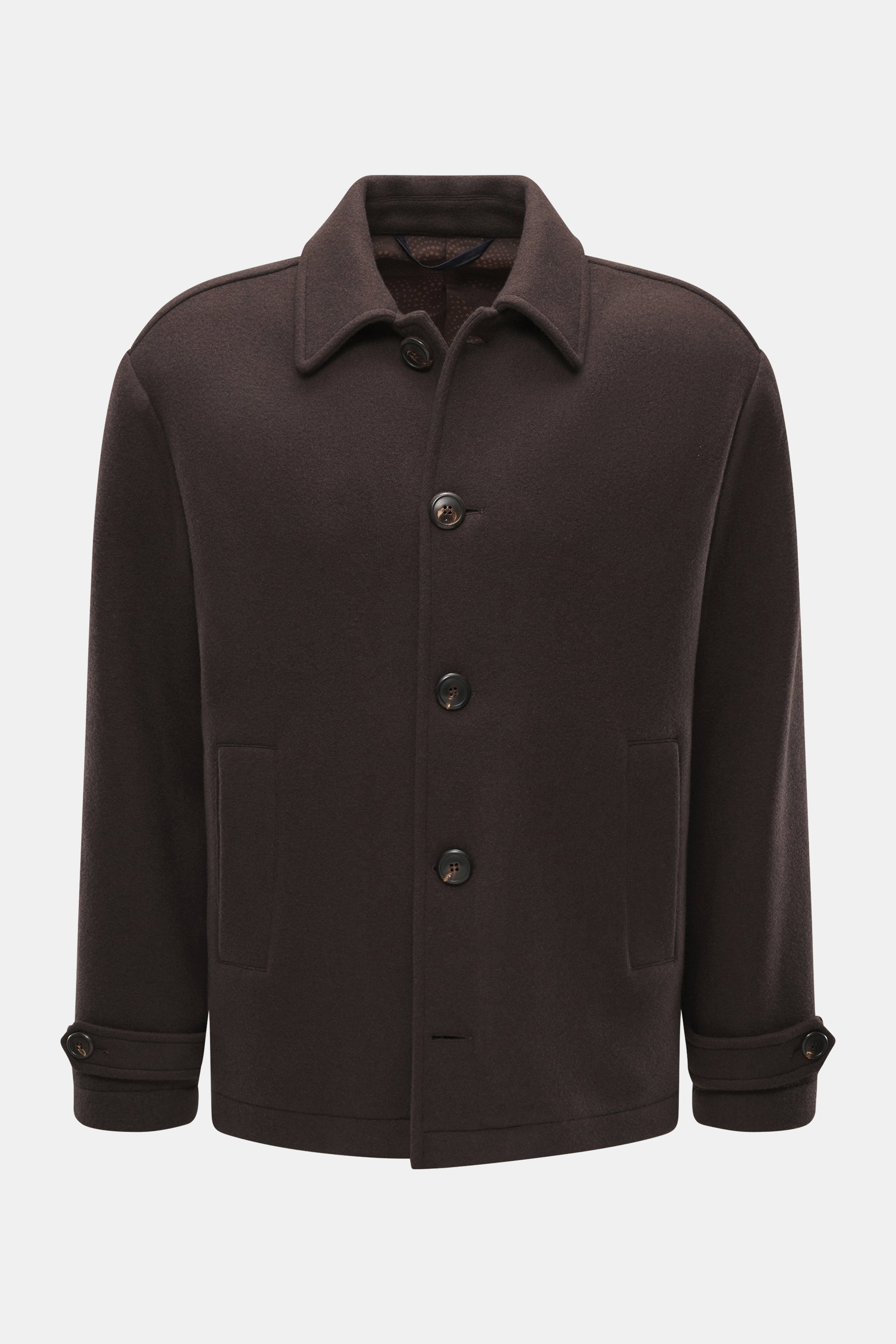 Front view of Doppiaa Jacket 'Aarneis' dark brown, regular fit, doubleface jersey of cashmere, virgin wool, microfiber, very soft feel, five-button placket, turn-down collar, slanted welt pockets, sleeve cuffs with button tab, half lined, two inside pocke