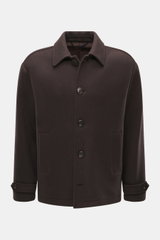 Front view of Doppiaa Jacket 'Aarneis' dark brown, regular fit, doubleface jersey of cashmere, virgin wool, microfiber, very soft feel, five-button placket, turn-down collar, slanted welt pockets, sleeve cuffs with button tab, half lined, two inside pocke