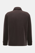 Doppiaa Jacket 'Aarneis' dark brown shown from the back, made of doubleface jersey with cashmere, virgin wool, microfiber, regular fit, very soft feel, five-button placket, turn-down collar, slanted welt pockets, sleeve cuffs with button tab, half lined, 