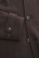 Close-up front view of Doppiaa Jacket 'Aarneis' dark brown in doubleface jersey made of cashmere, virgin wool, microfiber, soft feel, regular fit, five-button placket, turn-down collar, slanted welt pockets, sleeve cuffs with button tab, half lined, two i