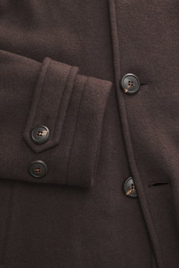 Close-up front view of Doppiaa Jacket 'Aarneis' dark brown in doubleface jersey made of cashmere, virgin wool, microfiber, soft feel, regular fit, five-button placket, turn-down collar, slanted welt pockets, sleeve cuffs with button tab, half lined, two i