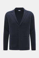 Front view of von Braun Cashmere knit blazer navy, a slim fit, fine knit, two-button style with patch hip pockets in pure cashmere, very soft touch.