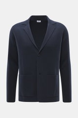 Front view of von Braun Cashmere knit blazer navy, a slim fit, fine knit, two-button style with patch hip pockets in pure cashmere, very soft touch.