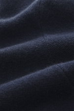 Close-up front view of the von Braun Cashmere knit blazer navy, showing fine knit texture and soft pure cashmere fabric.
