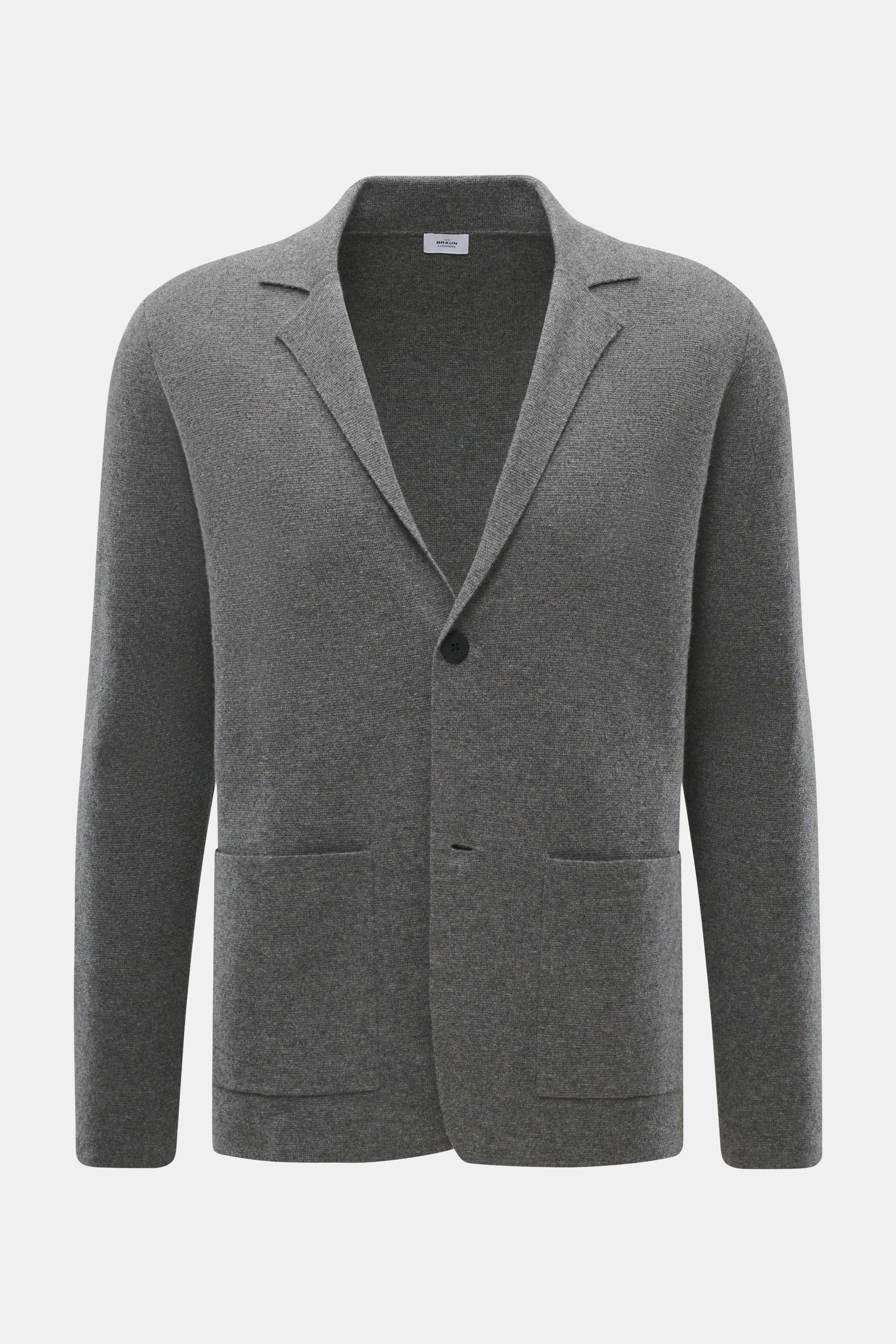von Braun Cashmere Strickblazer grau, frontale Ansicht, Slim Fit, Zwei-Knopf-Stil, aufgesetzte Hüfttaschen, reiner Cashmere, feines Strickbild, weicher Griff