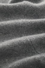 Close-up front view of von Braun Cashmere knit blazer grey showing fine knit texture, pure cashmere, two-button style, patch hip pockets, slim fit, soft touch, unlined half jacket, half cardigan design.