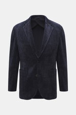 Front view of 04651/ A trip in a bag Cord Blazer navy, cord made of high-quality microfiber, light elastic quality, slim fit, tailored two-button style, notched lapel, patch hip pockets, small woven label in side seam, rear side vents, sleeve cuffs with b